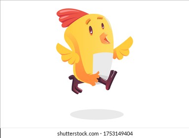 Vector cartoon illustration of a little chicken bird is jumping. Isolated on white background.