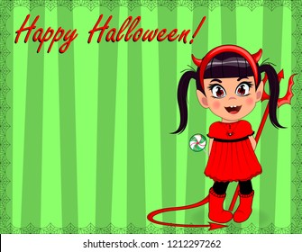 Vector cartoon illustration of little cute naughty baby girl in red devil imp costume framed with spiderweb on green striped background. Happy Halloween greeting card template with copy space.