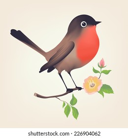 Vector cartoon illustration of little cute bird with red chest sitting on small tree branch with little leaves and a flower isolated