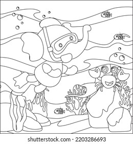 Vector cartoon illustration of little elephant diving in undersea with cartoon style Childish design for kids activity colouring book or page