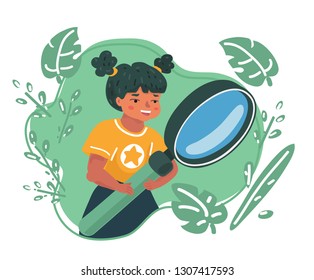 Vector cartoon illustration of little explores nature by magnifying glass.