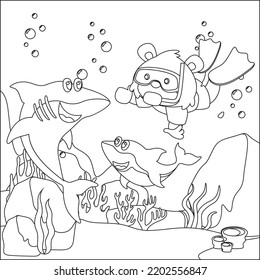 Vector cartoon illustration of little fox and shark diving in undersea with cartoon style Childish design for kids activity colouring book or page.