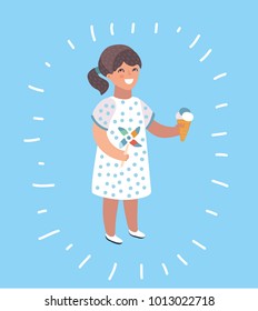 Vector cartoon illustration of little girl eating ice-cream and hold pinwheel illustration. Modern sytle human characters on blue isolation background.