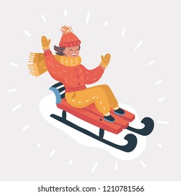 Vector cartoon illustration of little girl sledding on the snow. Female kids character isolated on white. Winter fun.