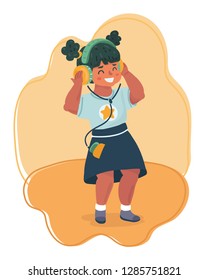 Vector cartoon illustration of little girl. Love of music. Kids character with headphone.
