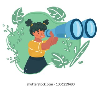 Vector cartoon illustration of little Girl. School students looking into binoculars in green leaf. Exploring and education concept.