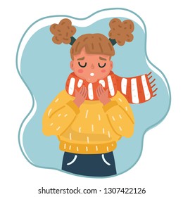 Vector cartoon illustration of little girl with sore throat in scarf.