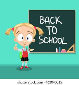 Vector cartoon illustration of little girl in school uniform standing at the blackboard