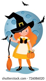 Vector cartoon illustration of a little girl in a Halloween party costume