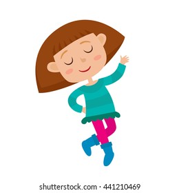 Vector cartoon illustration of little girl-dancer isolated on white. Little happy girl dancing and smiling on the party. Pretty dance.