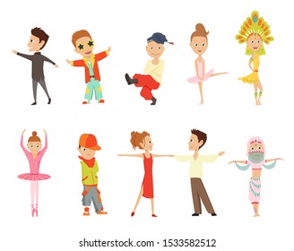Vector cartoon illustration of little graceful girls-dancer and happy hipster boys isolated on white. Set of little happy kids dancing and smiling. Modern dance, ballet performed by children.