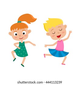 Vector cartoon illustration of little graceful girls-dancer isolated on white. Set of two little happy kids dancing and smiling. Pretty dance.