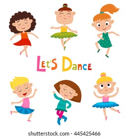 Vector cartoon illustration of little graceful girls-dancer isolated on white. Set of little happy kids dancing and smiling. Modern dance, ballet performed by children.