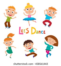 Vector cartoon illustration of little graceful girls-dancer and happy hipster boys isolated on white. Set of little happy kids dancing and smiling. Modern dance, ballet performed by children.