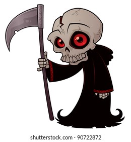 Vector cartoon illustration of a little Grim Reaper with red eyes holding a scythe.