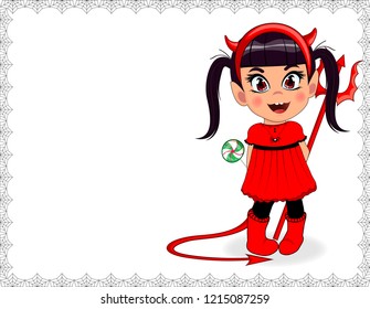 Vector cartoon illustration of little kawaii naughty baby girl in red devil imp costume framed with spiderweb isolated on white background. Halloween invitation, greeting card template with copy space