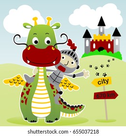 vector cartoon illustration of little knight riding funny dragon on castle background