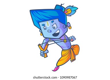 Vector Cartoon Illustration of Little Krishna With Slingshot. Isolated On White Background. 