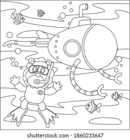 Vector cartoon illustration of little lion and submarine, with cartoon style Childish design for kids activity colouring book or page.