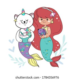 Vector cartoon illustration with little mermaid, cat unicorn mermaid. Magic card