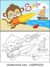 Vector cartoon illustration of little monkey carrying surfboard in the beach with hermit crab and sailboat, coloring book or page. Eps 10