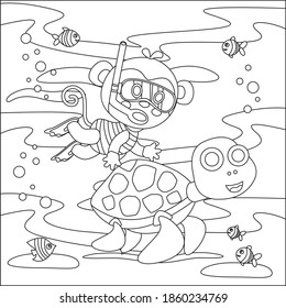 Vector cartoon illustration of little monkey and turtle, with cartoon style Childish design for kids activity colouring book or page.