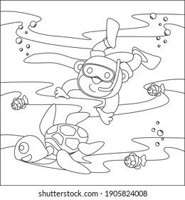 Vector cartoon illustration of little monkey and turtle, with cartoon style Childish design for kids activity colouring book or page.