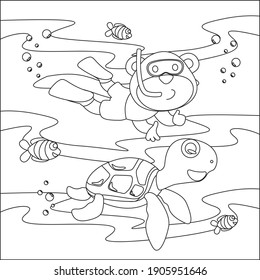 Vector cartoon illustration of little monkey and turtle, with cartoon style Childish design for kids activity colouring book or page.