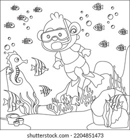 Vector Cartoon Illustration Of Little Monkey Diving In Undersea With Cartoon Style Childish Design For Kids Activity Colouring Book Or Page.