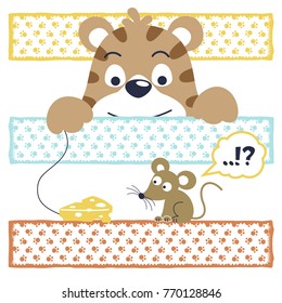 Vector cartoon illustration of little mouse on cats trap