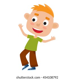 Vector cartoon illustration of little red haired dancer isolated on white. Little happy boy with dancing and smiling. Pretty dance.