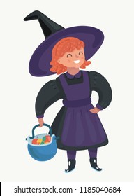 Vector cartoon illustration of Little red-haired girl. Kid character in purple dress, Halloween costume. Pot with apples and sweets in her hand. Human charactes on isolated background.