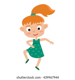 Vector Cartoon Illustration Of Little Red-haired Girl-dancer Isolated On White. Little Happy Girl With Pony Tail Dancing And Smiling. Pretty Dance.
