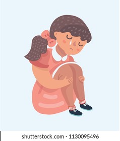Vector cartoon illustration of little sad girl in pink sitting alone and cry. Tear on her face.