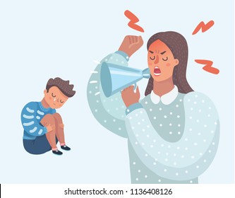 Vector cartoon illustration of little sad crying boy, cursing his beloved parents. Family quarrel. Angry mother. Wrong education, psychology.