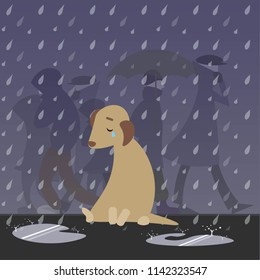 Vector cartoon illustration little sad lonely homeless puppy dog crying on street raining pooch roofless sensitive people silhouettes background alone 