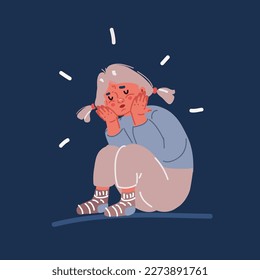 Vector cartoon illustration of Little sad girl seeting at floor over dark background