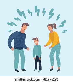 Vector cartoon illustration of little sad crying boy, cursing his beloved parents. Family quarrel. Angry parents. Wrong education, psychology