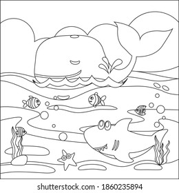 Vector cartoon illustration of little whale and shark, with cartoon style Childish design for kids activity colouring book or page.