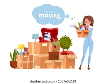 Vector cartoon illustration of loader mover woman in uniform carrying box. Pile of stacked cardboard boxes with stuff. Concept for home moving on white background. Lettering quote We are moving