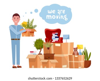 Vector cartoon illustration of loader mover man carrying box. Pile of stacked cardboard boxes with furniture. Concept for home moving. Isolated on white background. Lettering quote We are moving