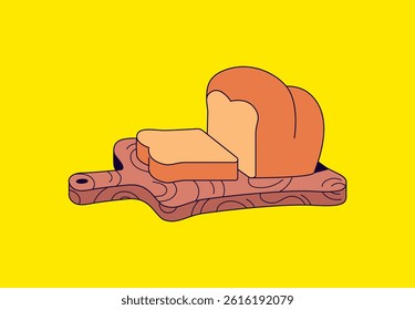 Vector cartoon illustration a loaf of bread with a few slices cut and placed on a textured wooden cutting board for food, breakfast, or bakery design