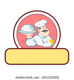 Vector cartoon illustration logo of a smiling chef with mustache and hat holding a plate. Good for any food content 