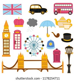 Vector cartoon illustration with London background. Travel to United Kingdom concept. Cartoon english objects: telephone box, uk flag, big ben, traditional tea, London eye, bridge. London tourism
