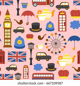 Vector cartoon illustration with London background. Travel to United Kingdom concept. Cartoon english objects: telephone box, uk flag, big ben, traditional tea, London eye, bridge. London tourism
