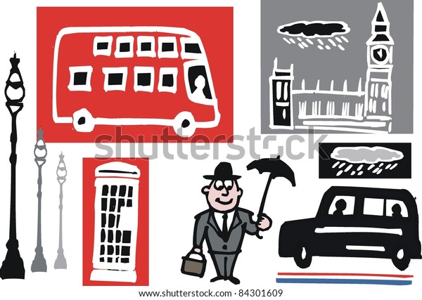 Vector cartoon illustration of London bus, taxi\
and building symbols