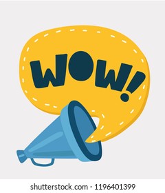 Vector cartoon illustration of loudspeaker with speech bubble with wow inside. Colorful compositor and megaphone in retro style.