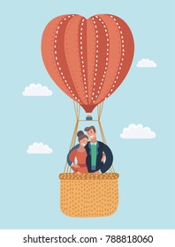 Vector cartoon illustration of Love greeting card with flying couple in hot air balloon. Valentines greeting card. Blue sky and clouds background.