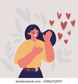 Vector cartoon illustration of I love you, greeting card. Head around pink heart Dreaming happy girl in pink hartshaping glasses.
