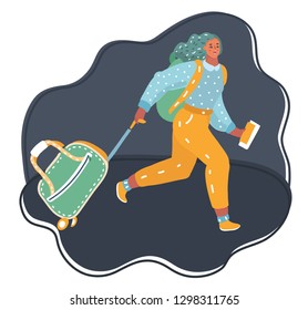 Vector cartoon illustration of Lovely girl running with suitcase. Airplane, ship; suitcase. Woman is late for flight at the night.